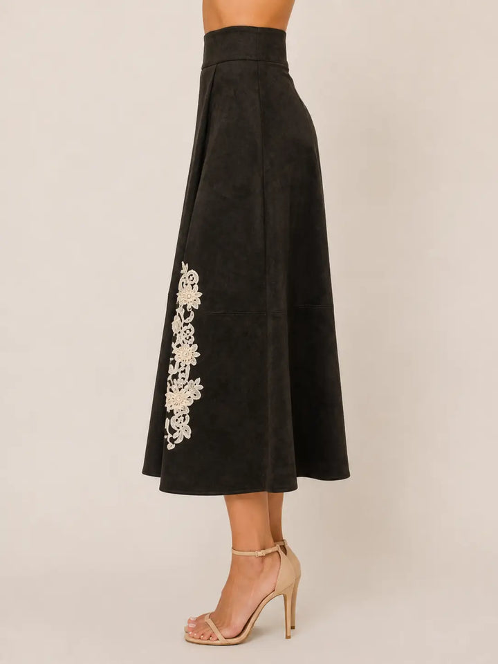 ASYMMETRIC CROCHET TRIM A-LINE SUEDE SKIRT