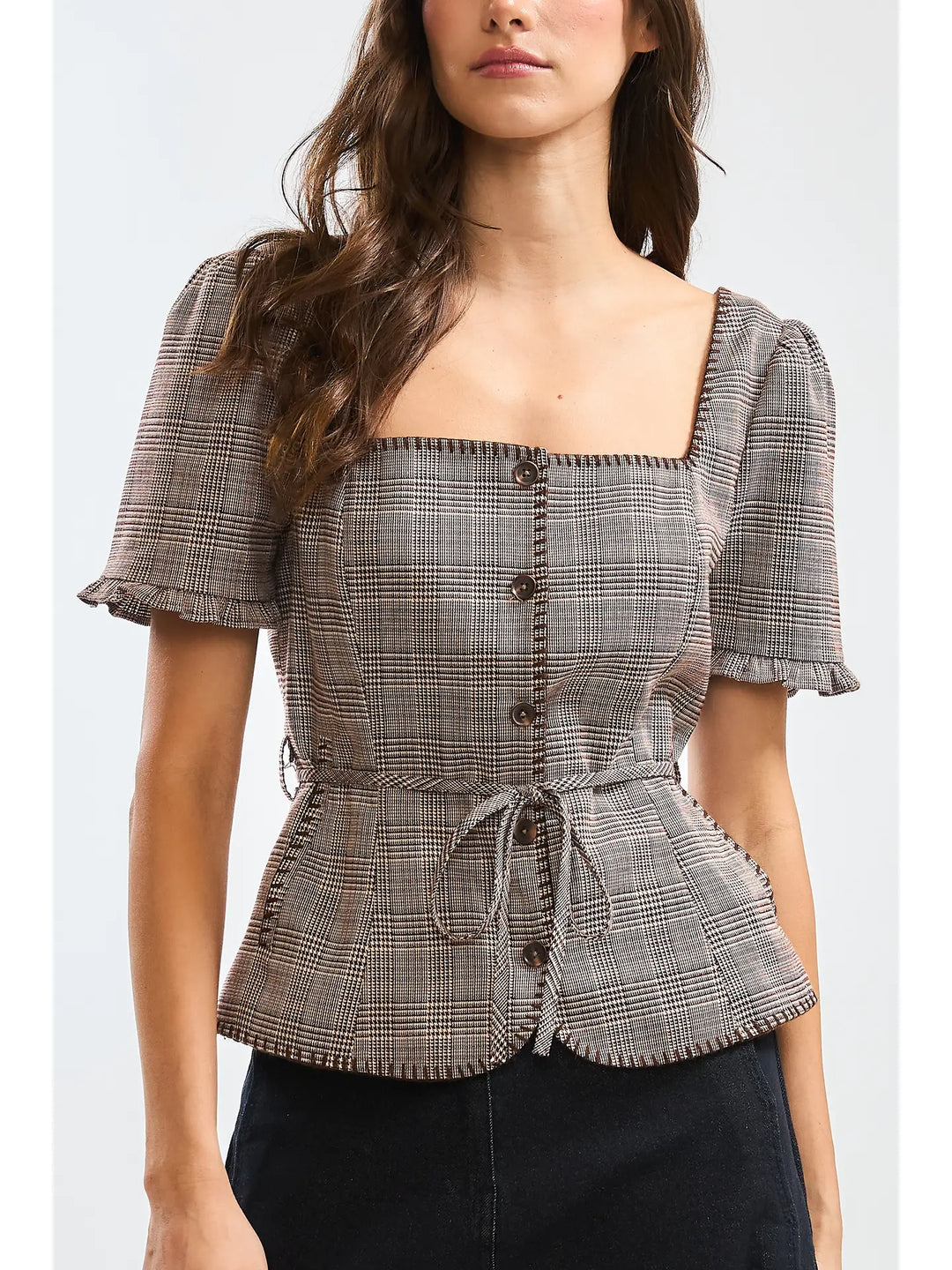 GLEN PLAID BUTTON-FRONT BLOUSE WITH BELTED WAIST