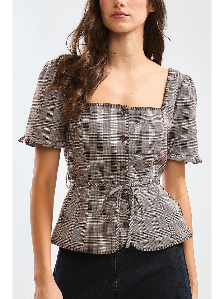GLEN PLAID BUTTON-FRONT BLOUSE WITH BELTED WAIST