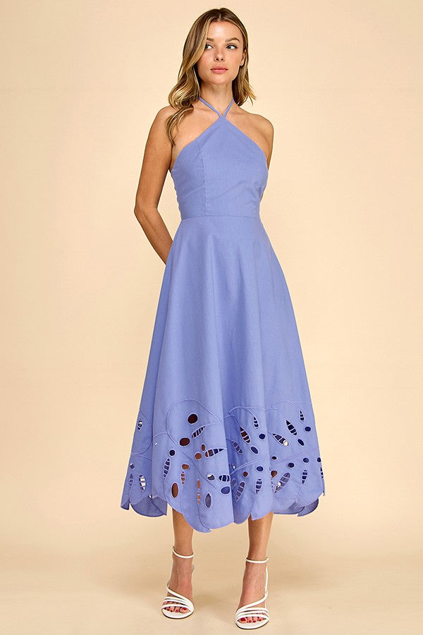 HALTER NECKLINE MIDI DRESS WITH EMBROIDERED DETAIL