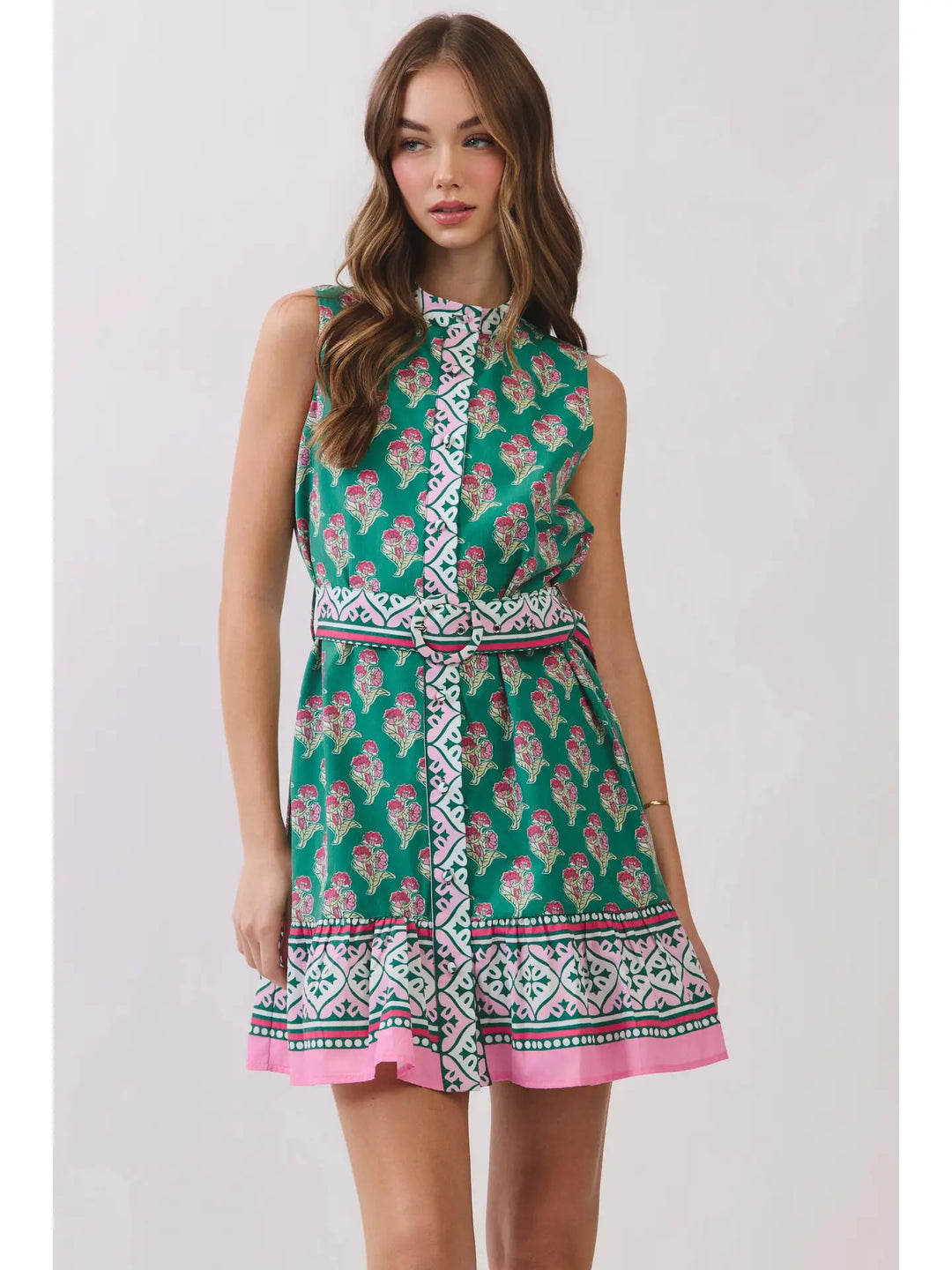 FLORAL BORDER PRINT BELTED MINI DRESS