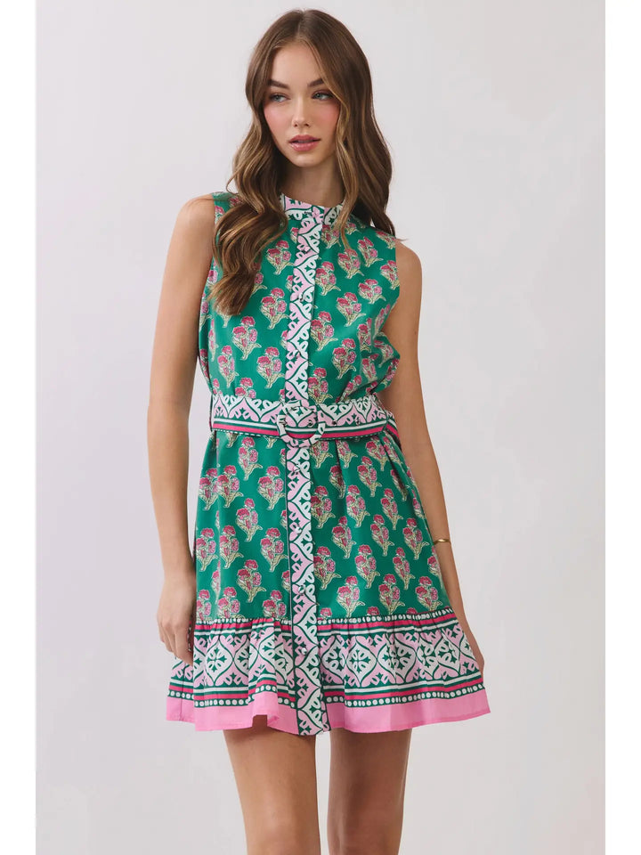 FLORAL BORDER PRINT BELTED MINI DRESS
