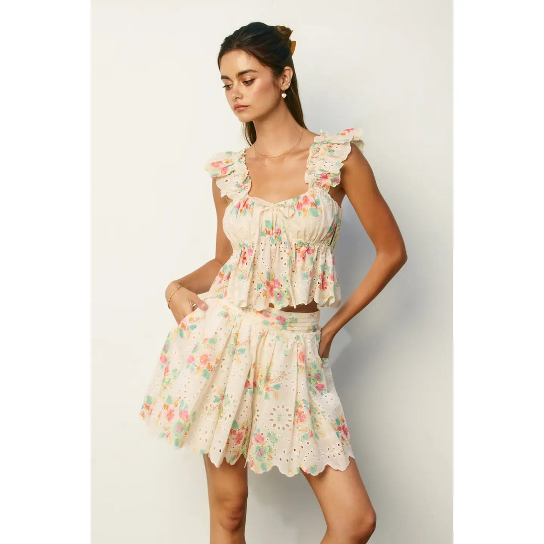EVERBLOOM SCALLOPED HEM TOP &amp; FLARED SHORTS SET