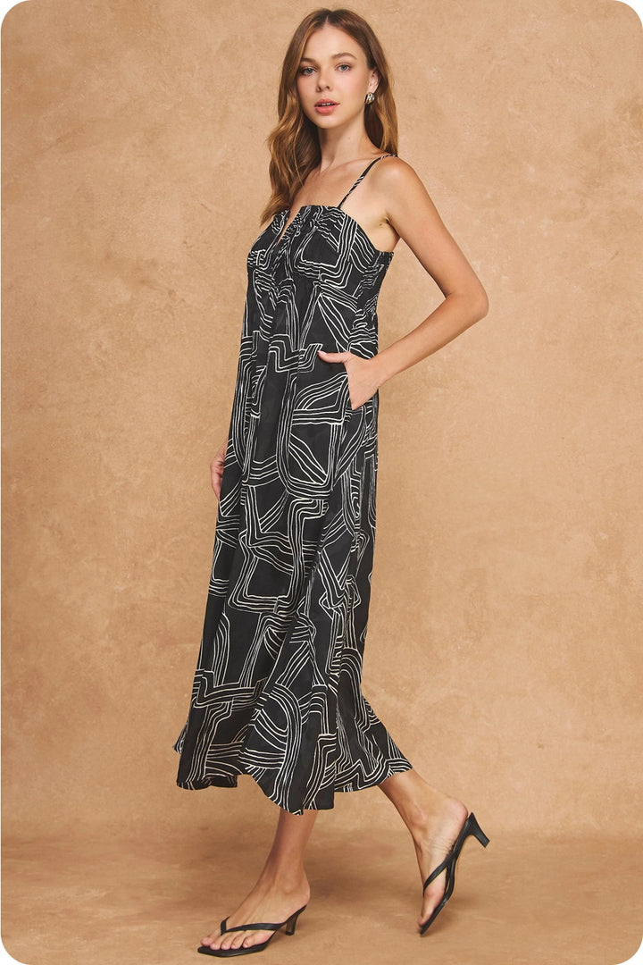 PINTUCK DETAIL PRINT SATIN LONG DRESS