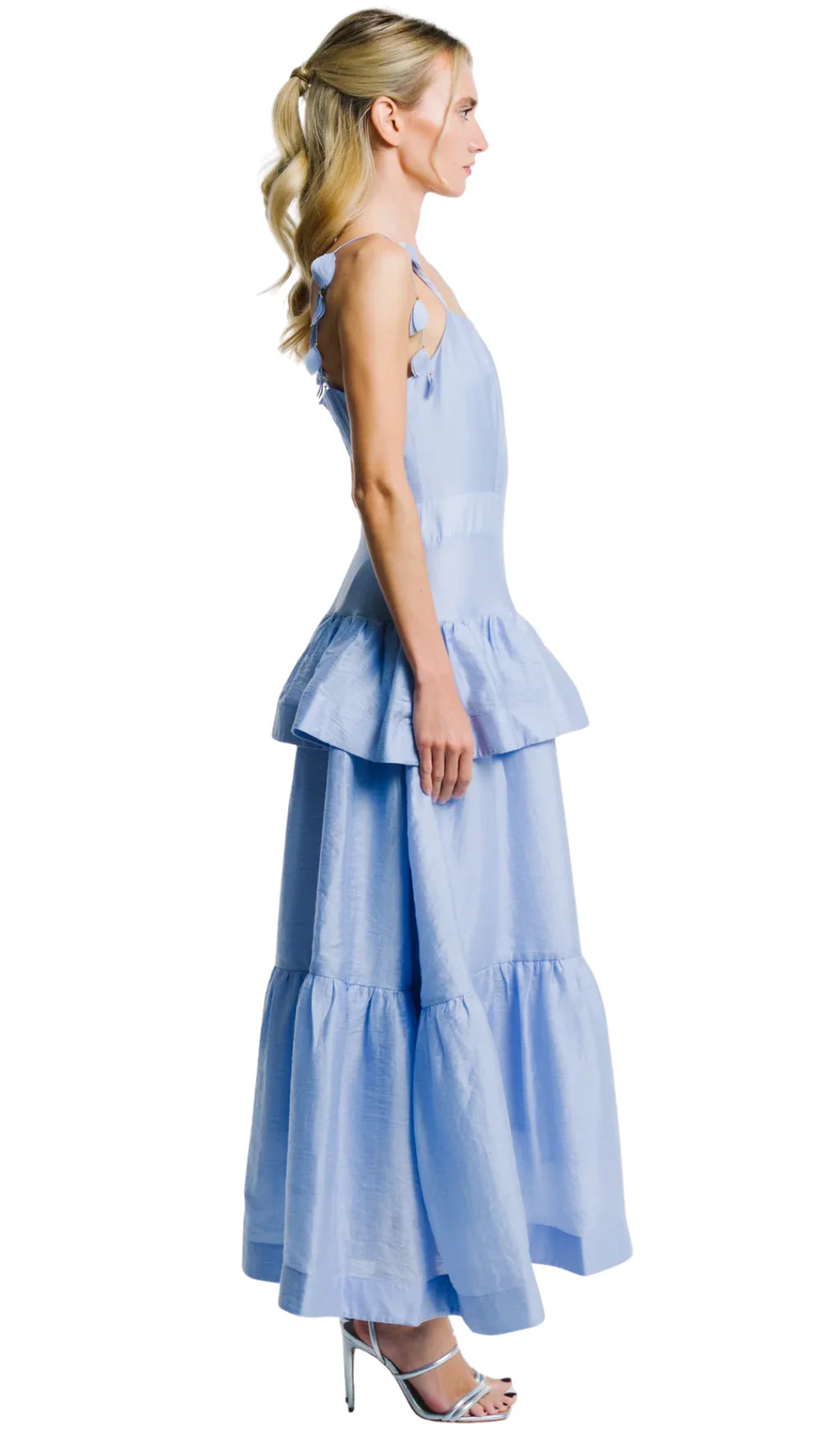 CLAUDETTA FLOWER TRIM RUFFLED MAXI DRESS