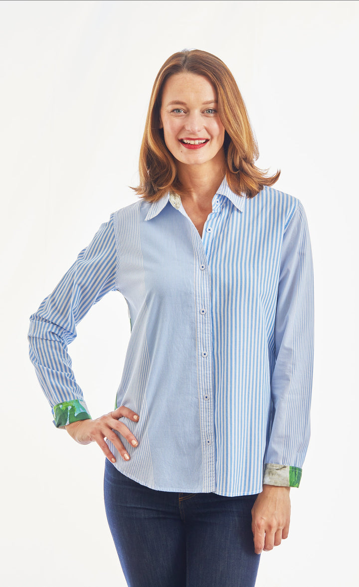 Chesapeake Top, Blue White Stripe with Motif On Back, Picket Fence And Hydrangeas XS / 4045-S504
