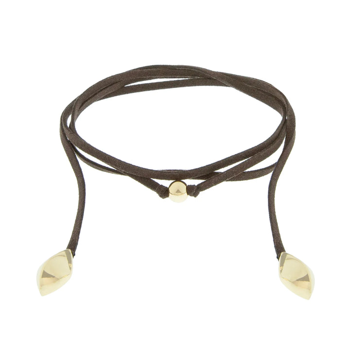 GOLD/BROWN SUEDE CORD NECKLACE WITH BEAD/BEAN CHARMS