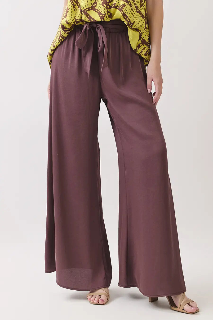 WASHED POLY SILK TIE WAIST WIDE LEG PANTS