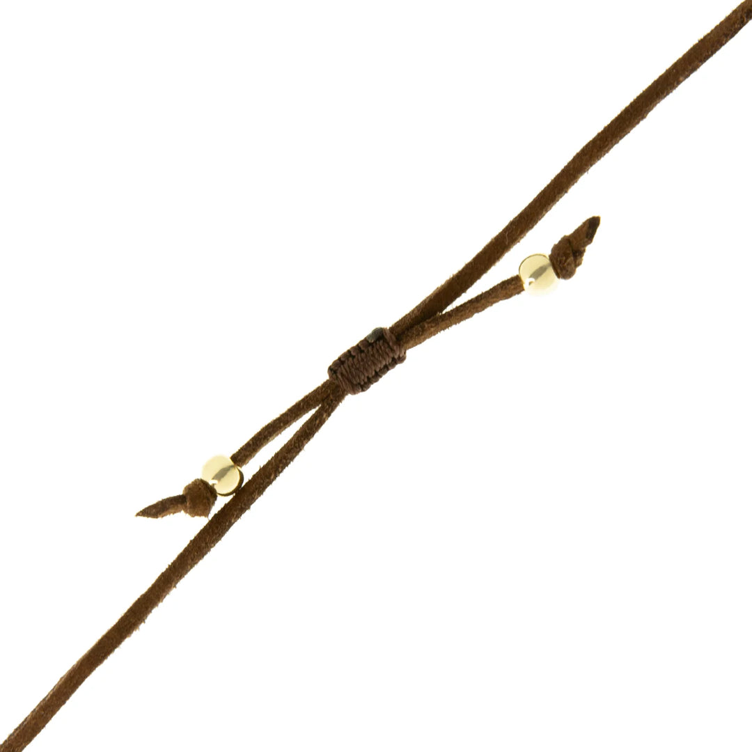 GOLD/BROWN ADJUSTABLE SUEDE NECKLACE WITH TEXTURED PUFFY HEART CHARM