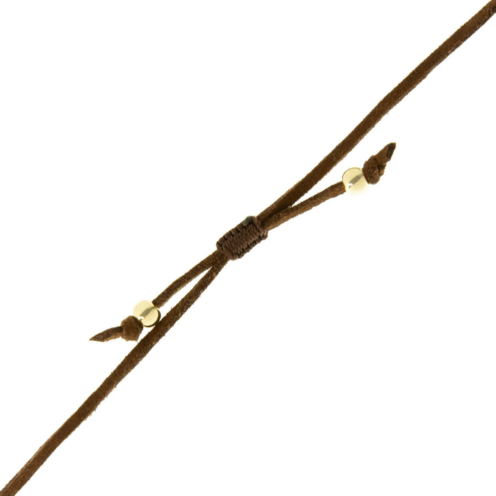 GOLD/BROWN ADJUSTABLE SUEDE NECKLACE WITH TEXTURED PUFFY HEART CHARM