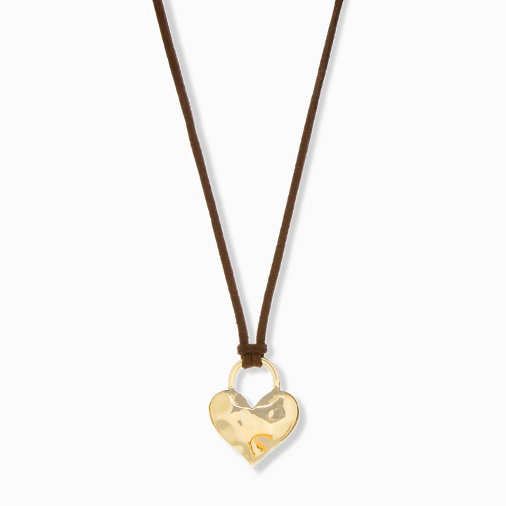 GOLD/BROWN ADJUSTABLE SUEDE NECKLACE WITH TEXTURED PUFFY HEART CHARM
