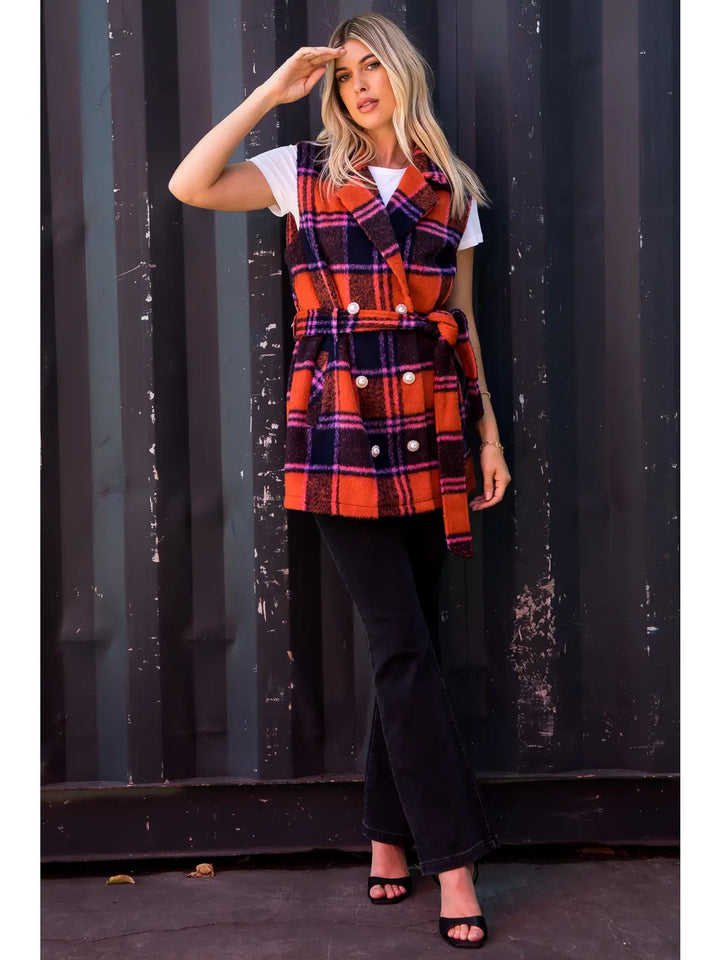 BRUSHED PLAID DOUBLE BREASTED VEST