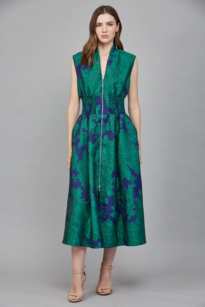 FLORAL JACQUARD FRONT ZIP CLOSURE V-NECK DRESS