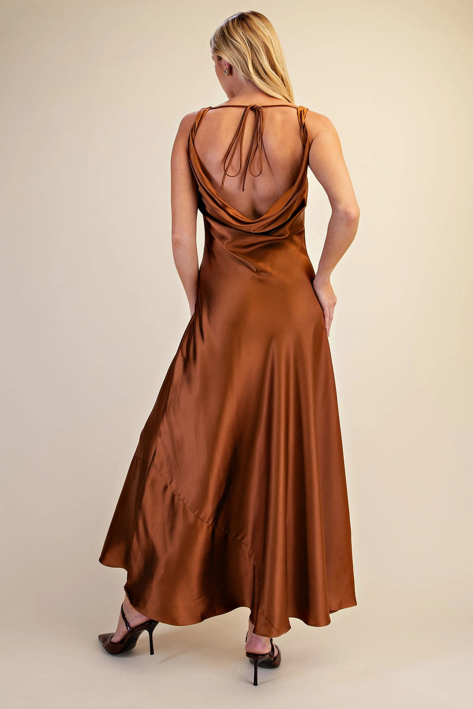 COWL NECK SLEEVELESS SATIN MAXI DRESS