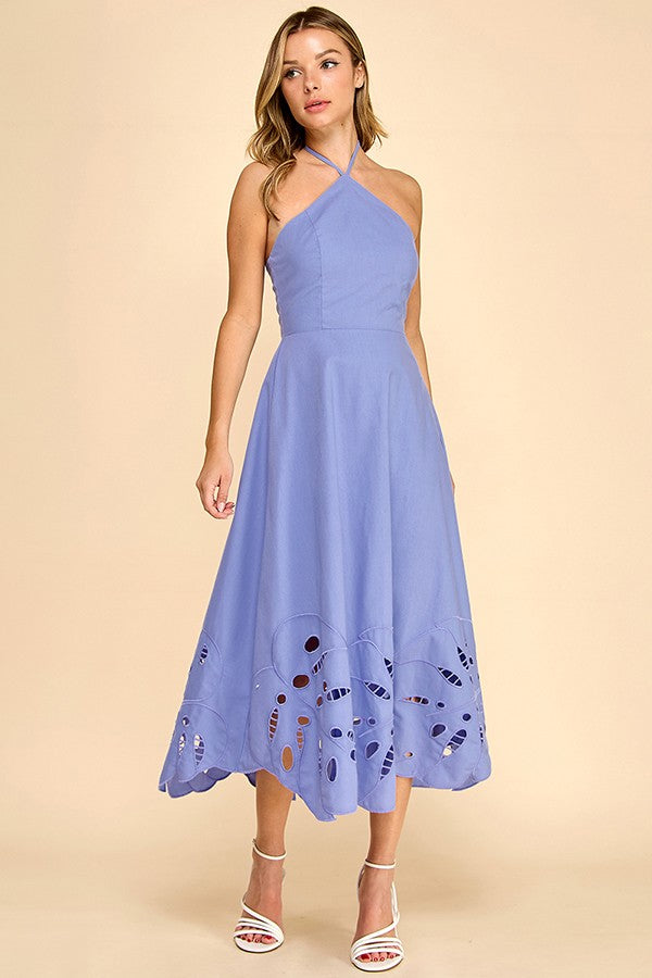 HALTER NECKLINE MIDI DRESS WITH EMBROIDERED DETAIL