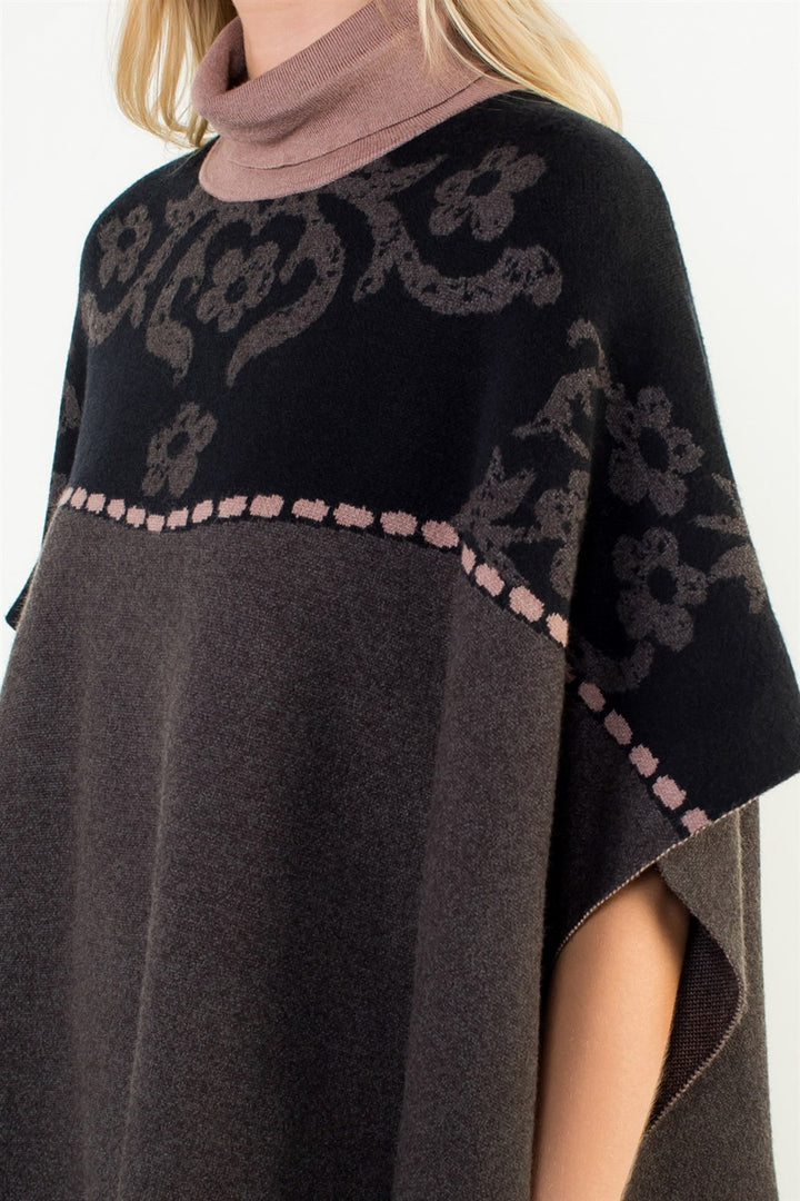 JACQUARD FLORAL KNIT PONCHO
