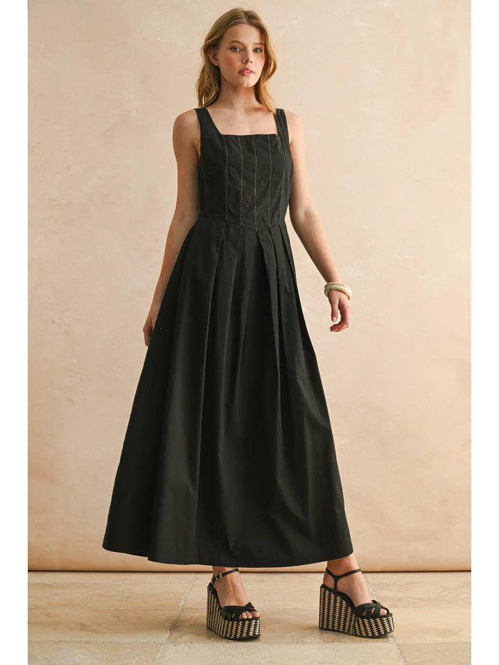 STITCH FRONT PLEATED DETAIL DRESS