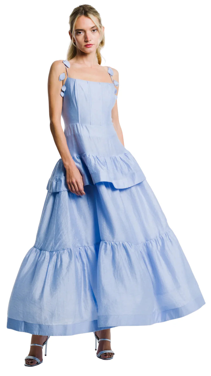CLAUDETTA FLOWER TRIM RUFFLED MAXI DRESS