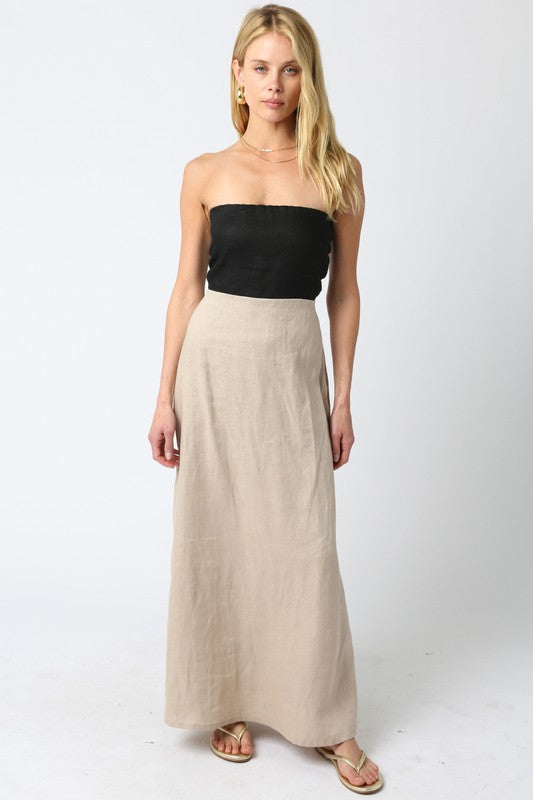 MEI CONTRAST STRAPLESS LINEN MAXI DRESS