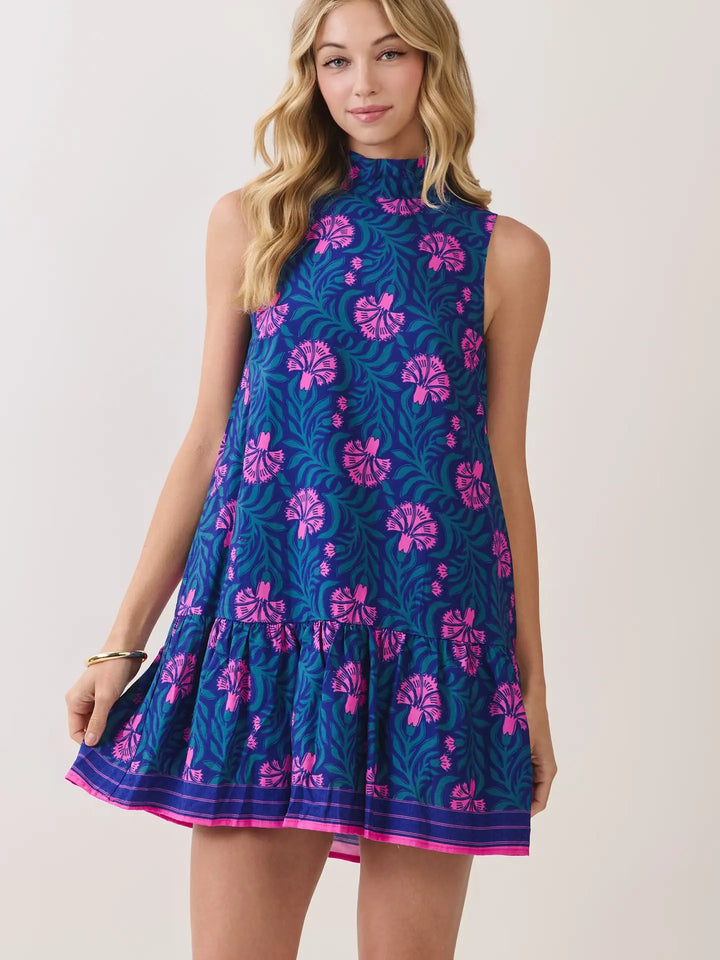 FLORAL MOCK NECK SHIFT MINI DRESS