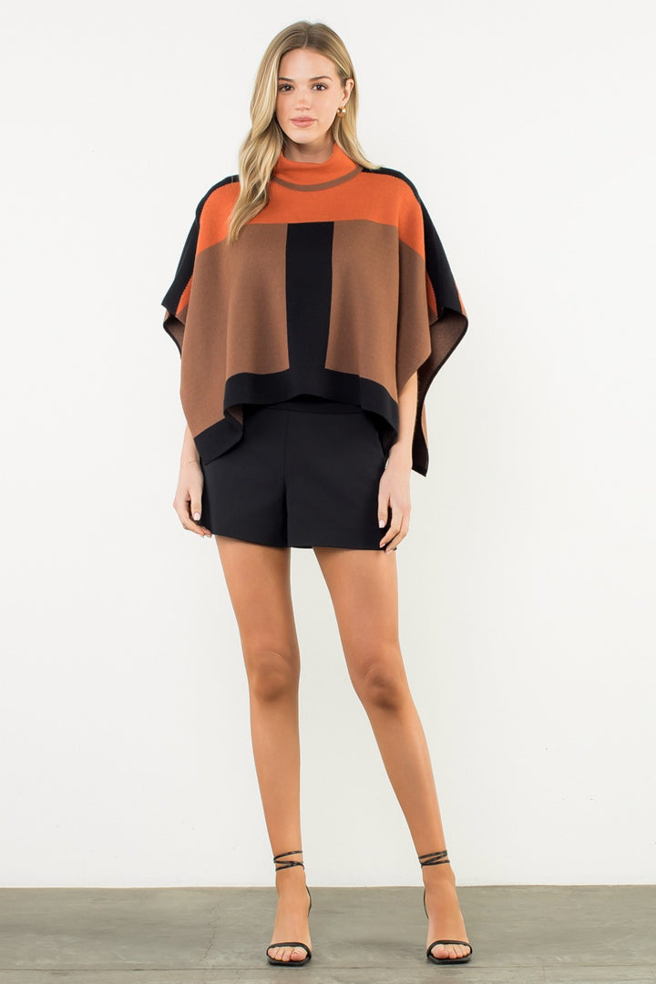 COLORBLOCK TURTLENECK KNIT PONCHO