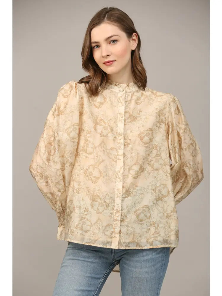 FLORAL PRINT RUFFLE NECK BLOUSE
