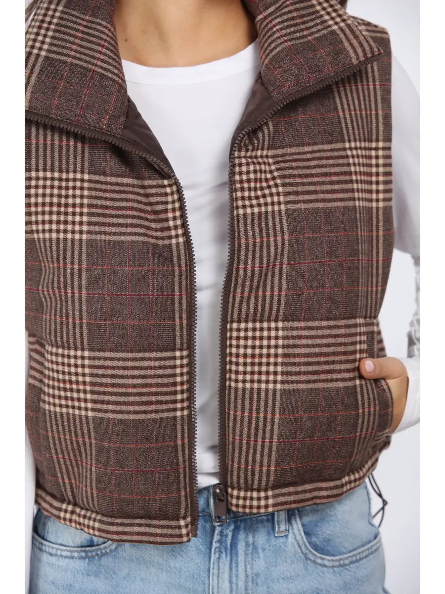 PLAID PUFFER VEST WITH WELT POCKETS