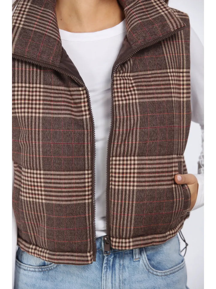 PLAID PUFFER VEST WITH WELT POCKETS