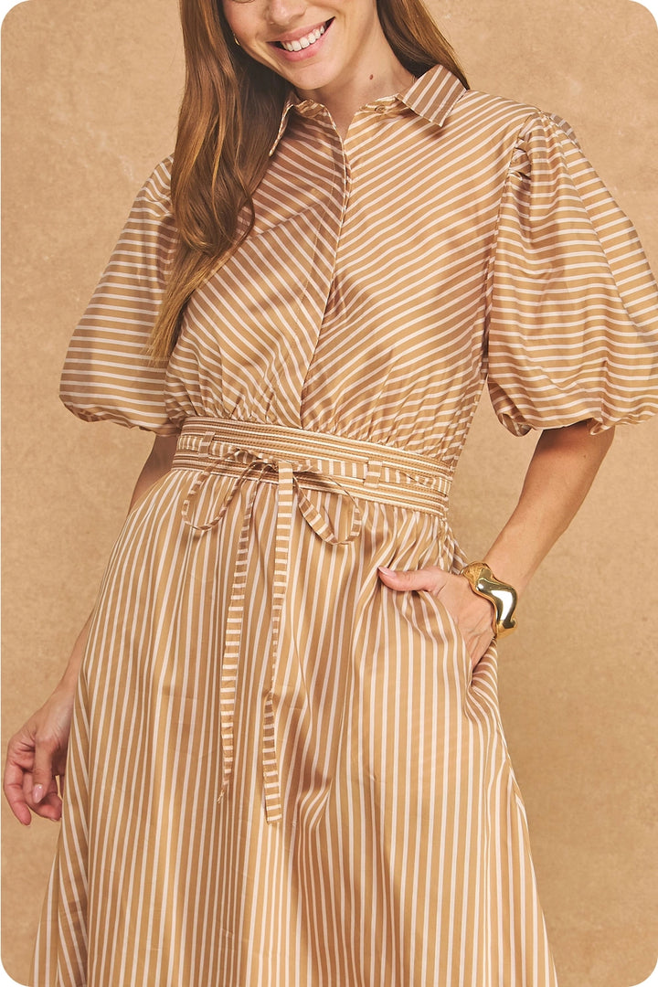 STRIPED TENCEL PUFF SLEEVE SHIRT MIDI DRESS