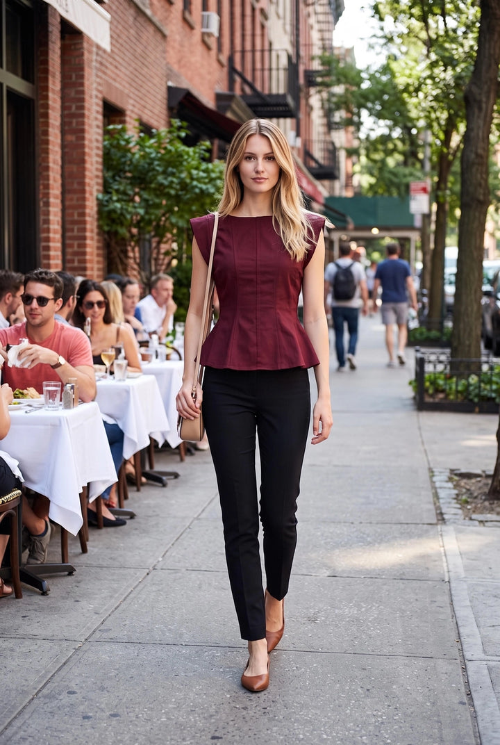 STRETCH CAP SLEEVE PEPLUM TOP