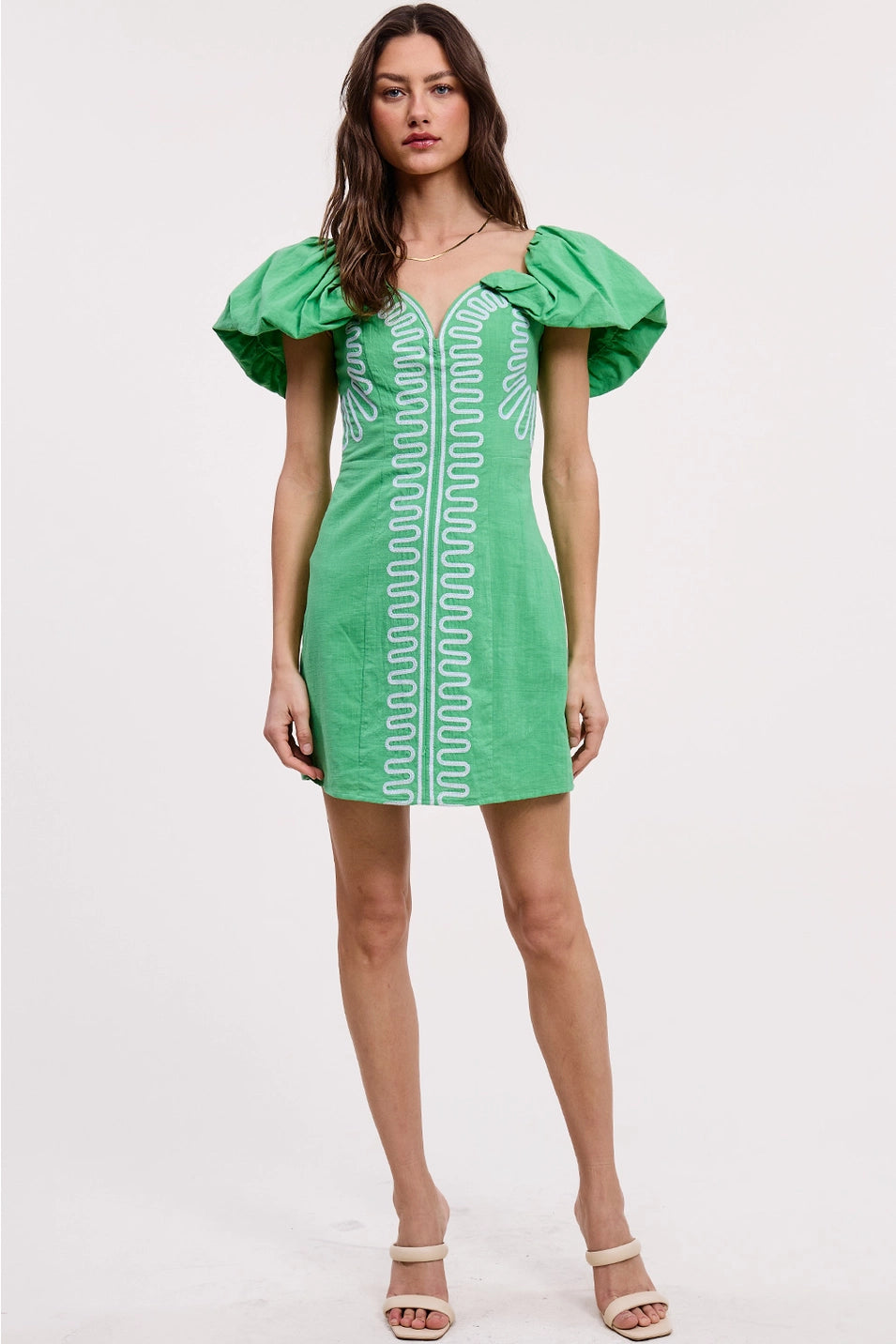 EMBROIDERY DETAIL OFF SHOULDER LINEN MINI DRESS
