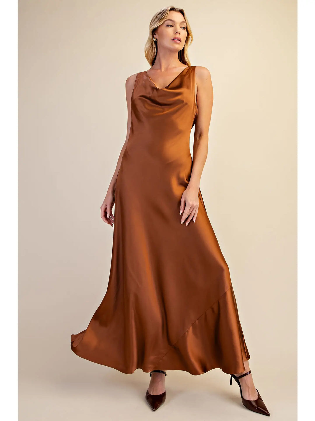 COWL NECK SLEEVELESS SATIN MAXI DRESS