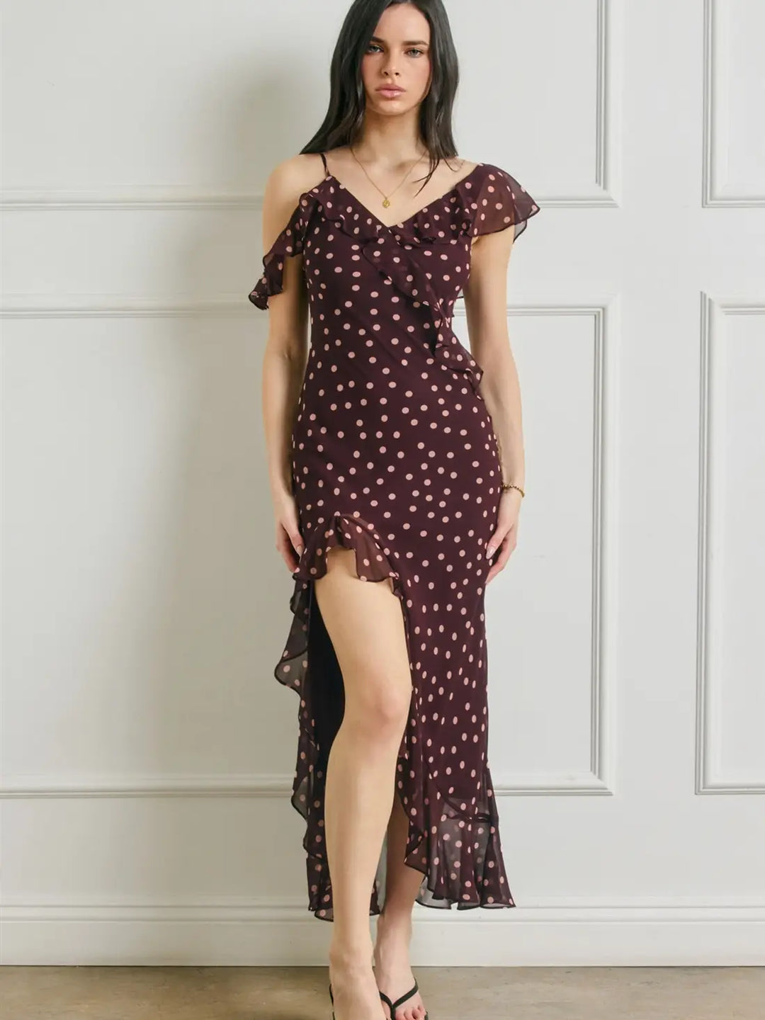 SOFT SPRINKLE ASYMMETRICAL RUFFLED MAXI DRESS