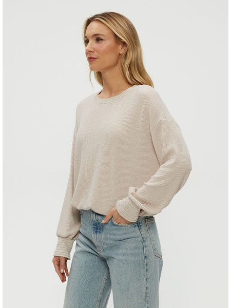 TIA RIBBED CREW NECK SWEATSHIRT WITH SMOCKED CUFFS
