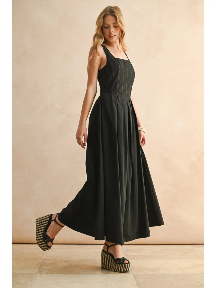 STITCH FRONT PLEATED DETAIL DRESS