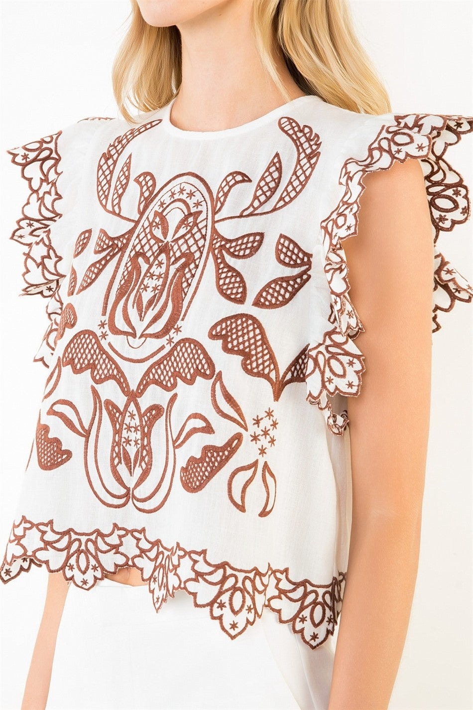 RUFFLE SLEEVES EMBROIDERY DETAIL TOP