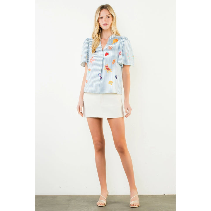 STRIPED EMBROIDERY DETAIL TOP