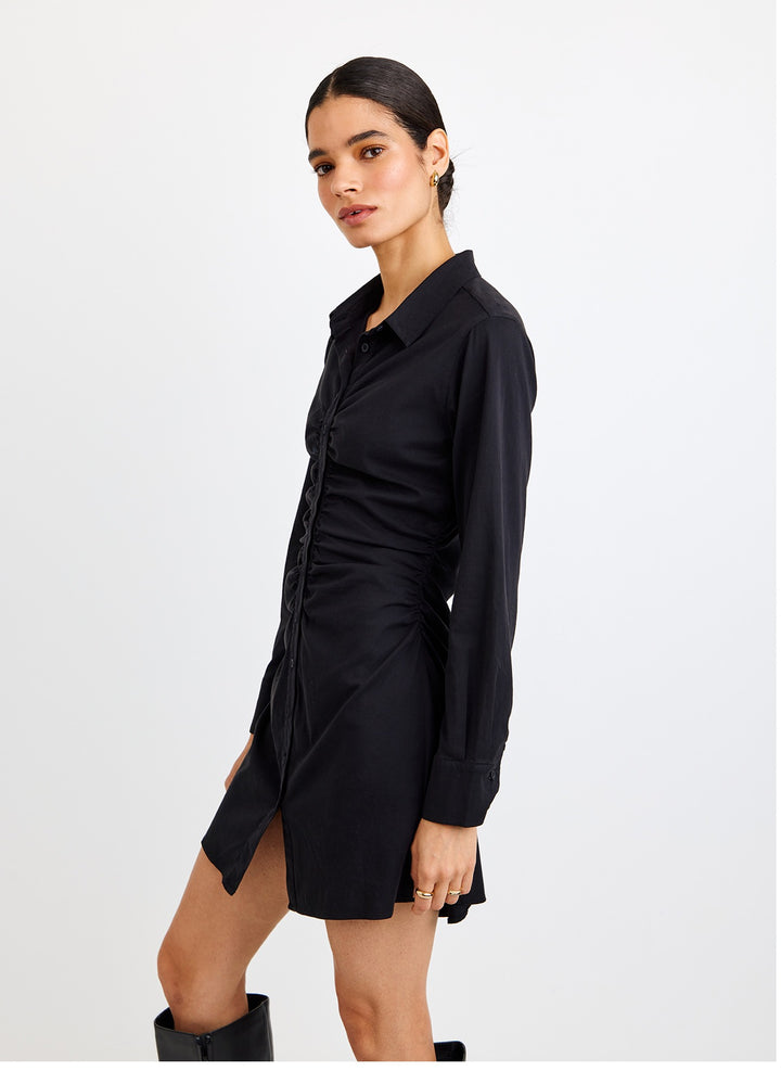 LONG SLEEVE SHIRRED SHIRT DRESS