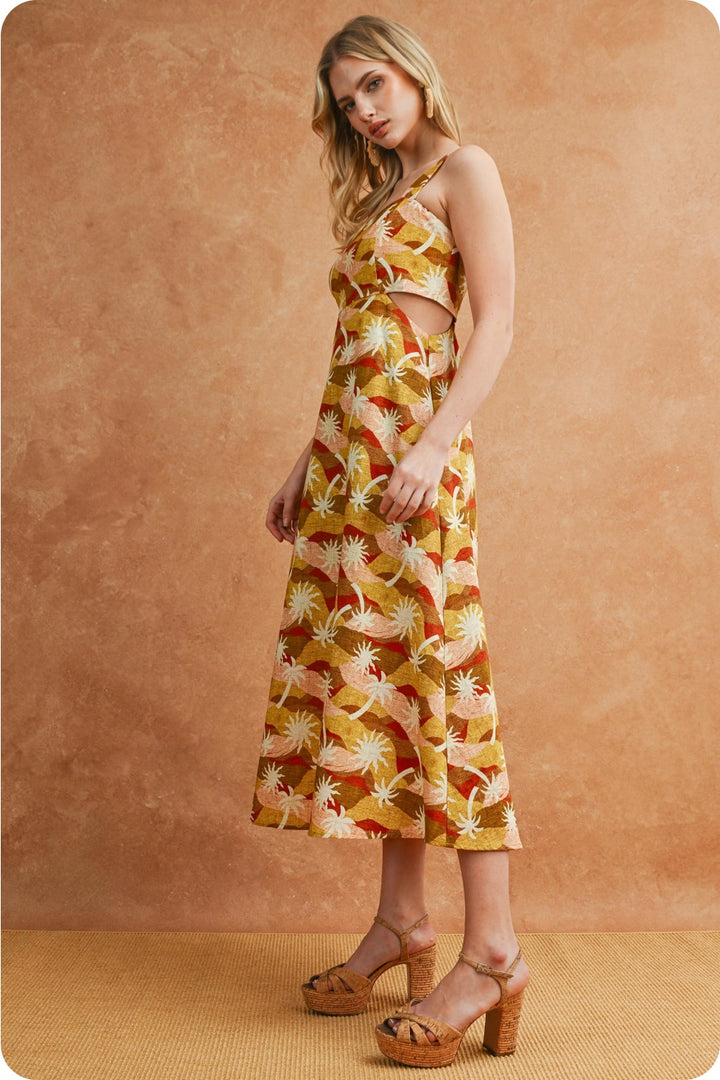 SUNBURST GEO PALM PRINT CUTOUT MIDI DRESS