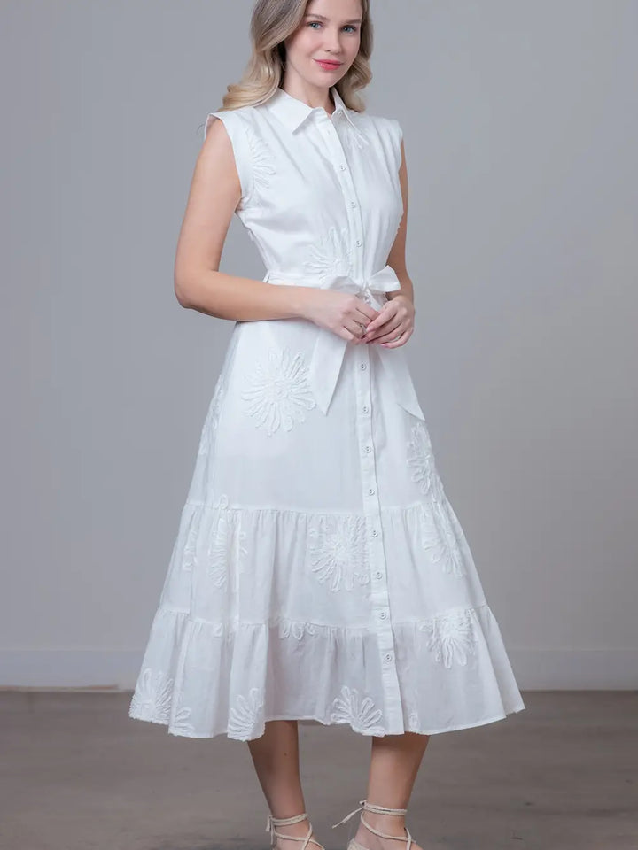 APPLIQUE TIERED SKIRT MIDI DRESS