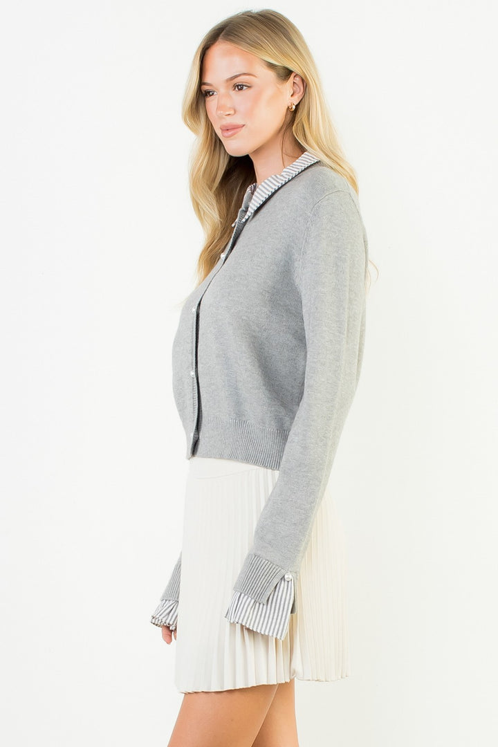 PEARL BUTTON MIXED MEDIA COLLARED KNIT TOP