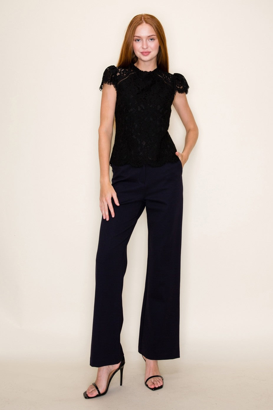 MOCK NECK SHORT SLEEVE LACE TOP