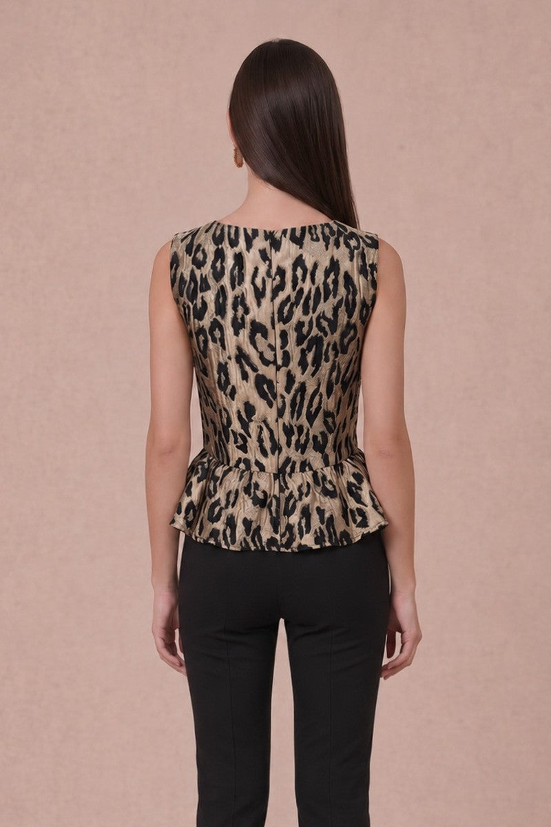 METALLIC LEOPARD JACQUARD PEPLUM TOP