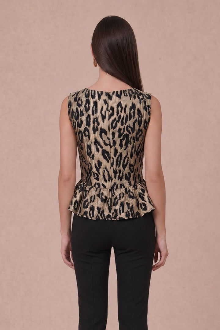 METALLIC LEOPARD JACQUARD PEPLUM TOP