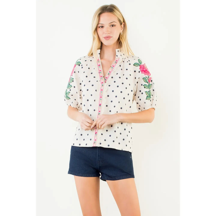 EMRBROIDERED PUFF SLEEVE POLKA DOT TOP