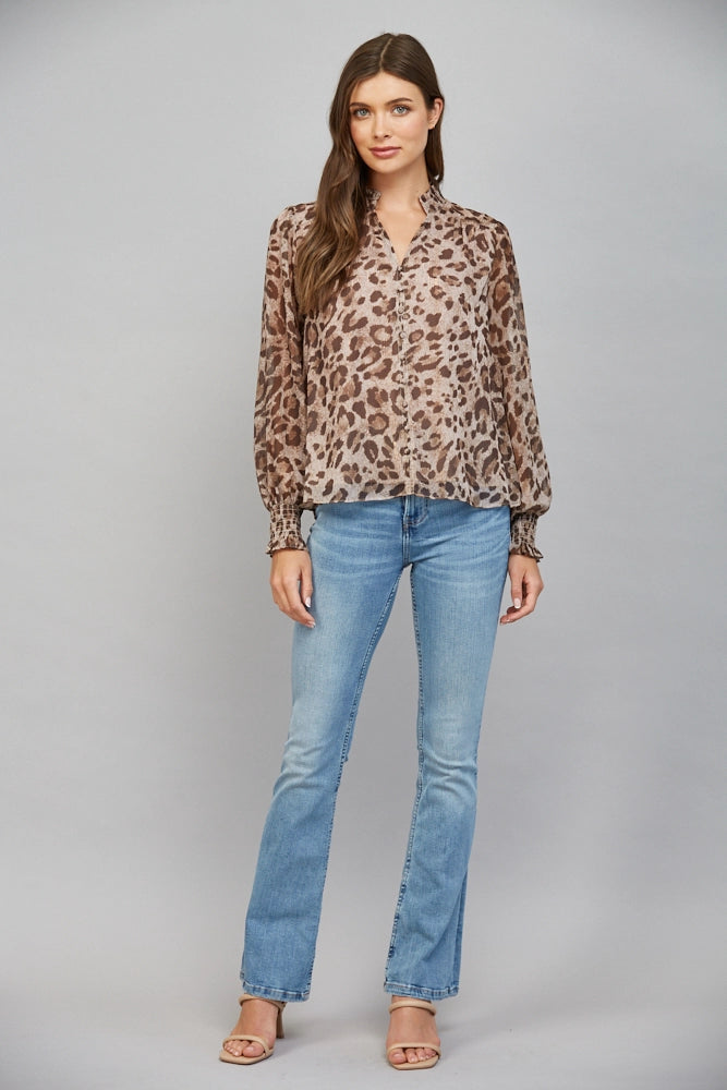 ANIMAL PRINT CHIFFON WITH LUREX SPLIT NECK BLOUSE