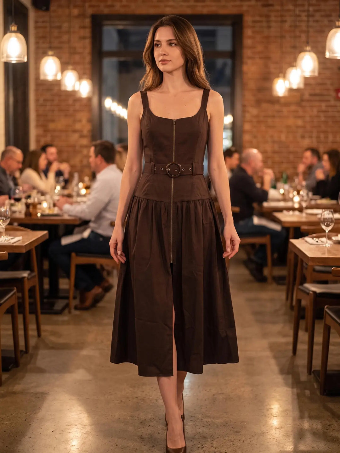 BELTED ZIP FRONT MIDI DRESS