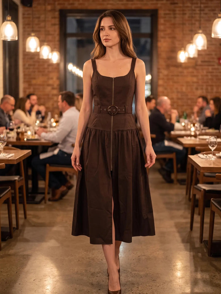 BELTED ZIP FRONT MIDI DRESS