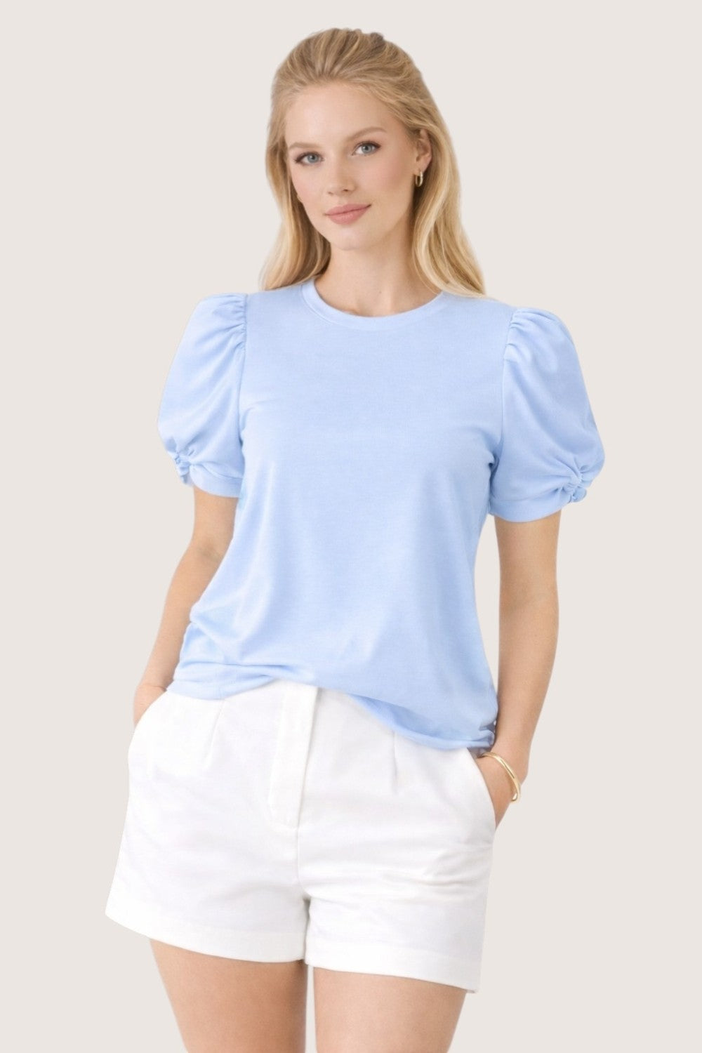 PUFF SLEEVE STRETCH COTTON KNIT TOP