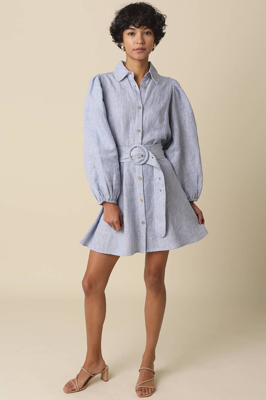 knee length dresses for ladies Linen Buttoned Down Shirt Dress With Belt (with Lining) main image 1